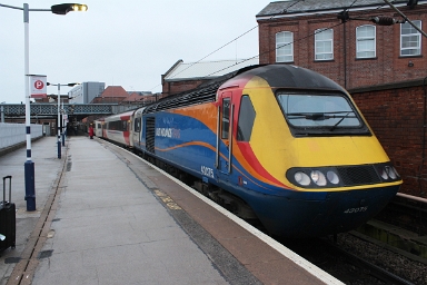 Hired East Midlands Trains class 43 HST no. 43075 haules an Virgin Trains East Coast service to London Kings Cross, pictured while calling at Doncaster on 15th March 2018. Hired East Midlands Trains class 43 HST no. 43075 haules an Virgin Trains East Coast service to London Kings Cross, pictured while calling at Doncaster on 15th...