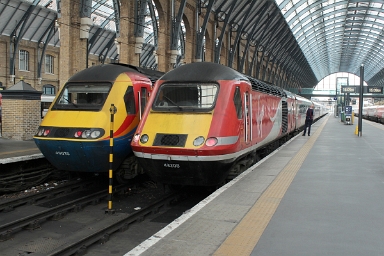 Hired East Midlands Trains HST power car class 43 no. 43075 and self-owned Virgin HST class 43 no. 43208 pictured at London Kings Cross on 15th March 2018. Hired East Midlands Trains HST power car class 43 no. 43075 and self-owned Virgin HST class 43 no. 43208 pictured at London Kings Cross on 15th March 2018.